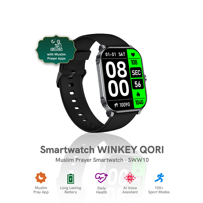 WINKEY Jam Tangan Unisex WINKEY SWW10 Qori Smartwatch Muslim Prayer Fitness Tracker IP68 Black Rubbe