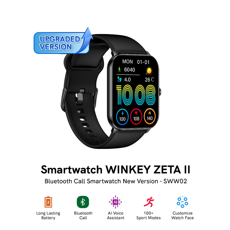 WINKEY SWW02 ZETA2 Smartwatch Bluetooth Call Fitness Tracker IP68 Digital Dial Black Rubber Strap