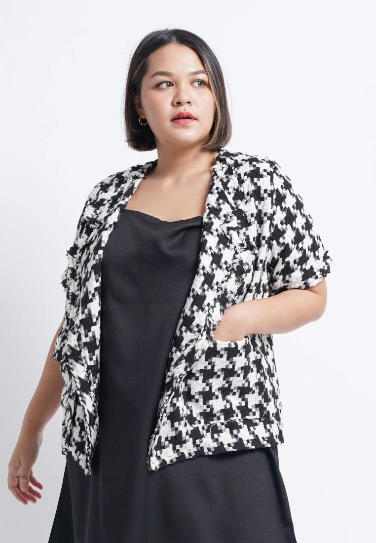 Xtramiles Plus Size Tweed Blazer Moon Black Big Houndstooth