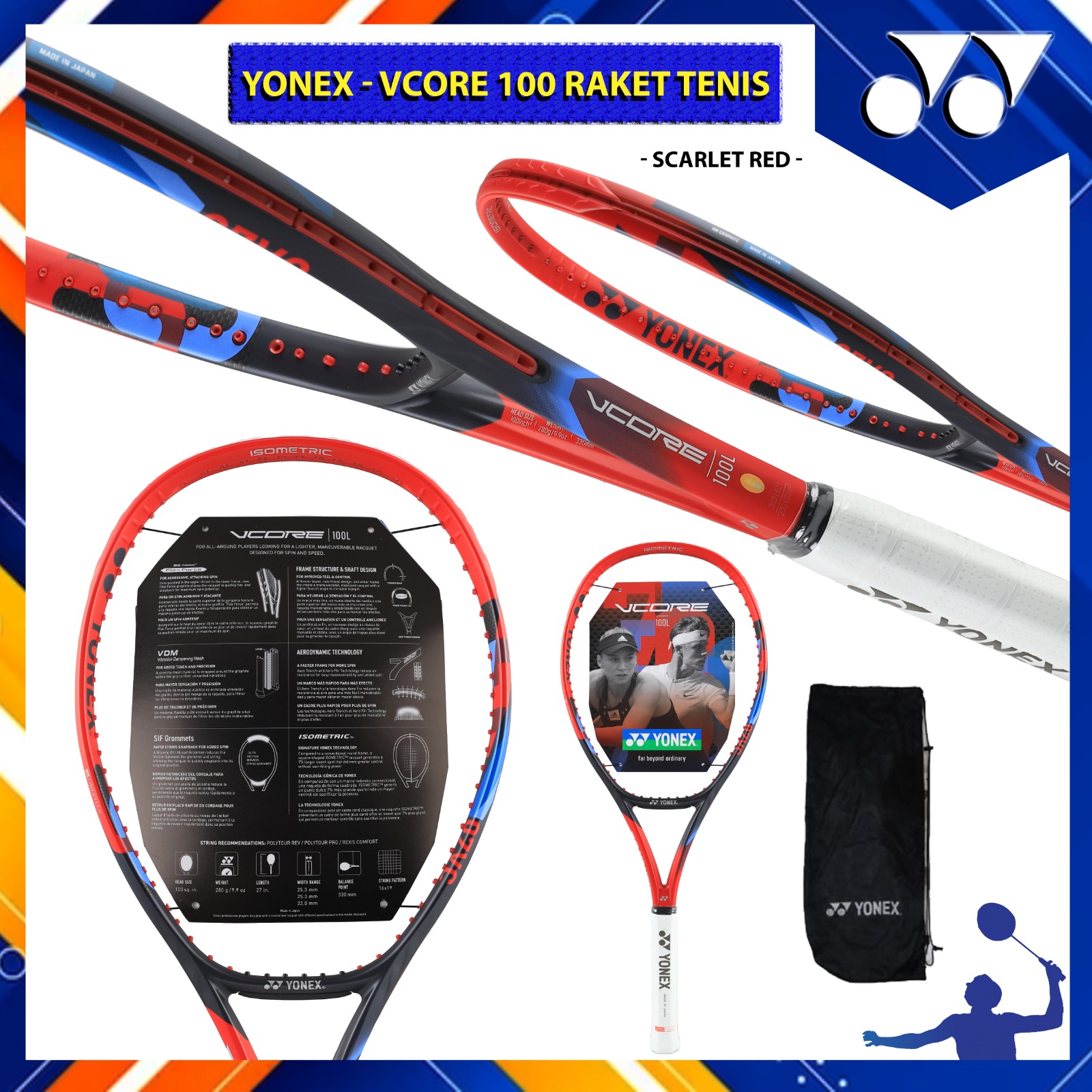 YONEX Raket Tenis Yonex VCORE 100L 280 gr 7TH Gen - SCARLET 2023 Jepang