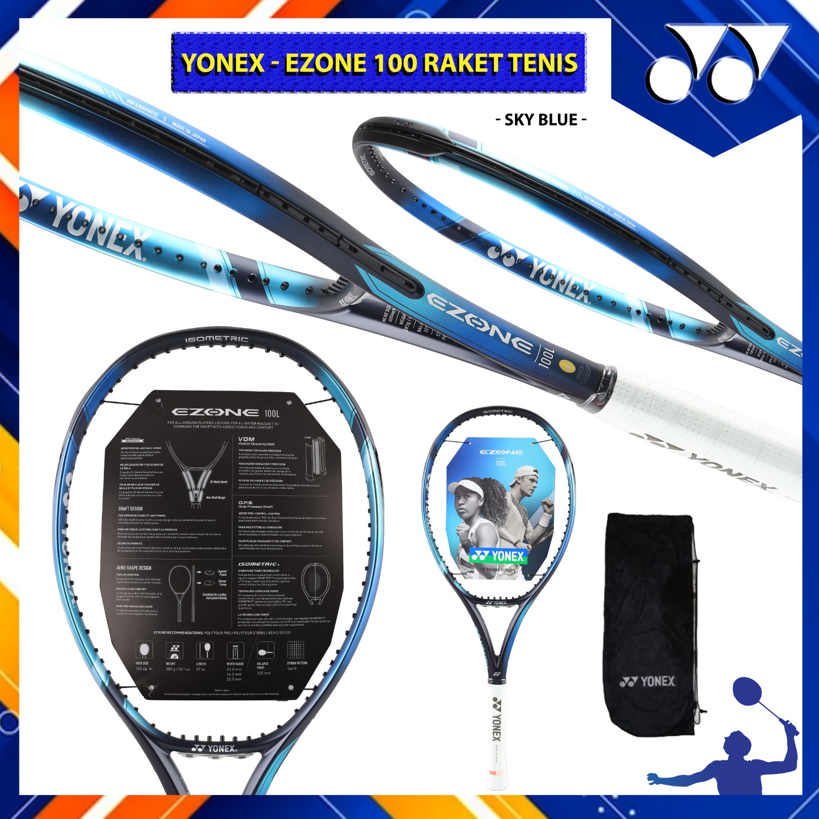 YONEX Raket Tenis Yonex EZONE 100L 285 gr 7TH Gen - Sky Blue 2023 Jepang