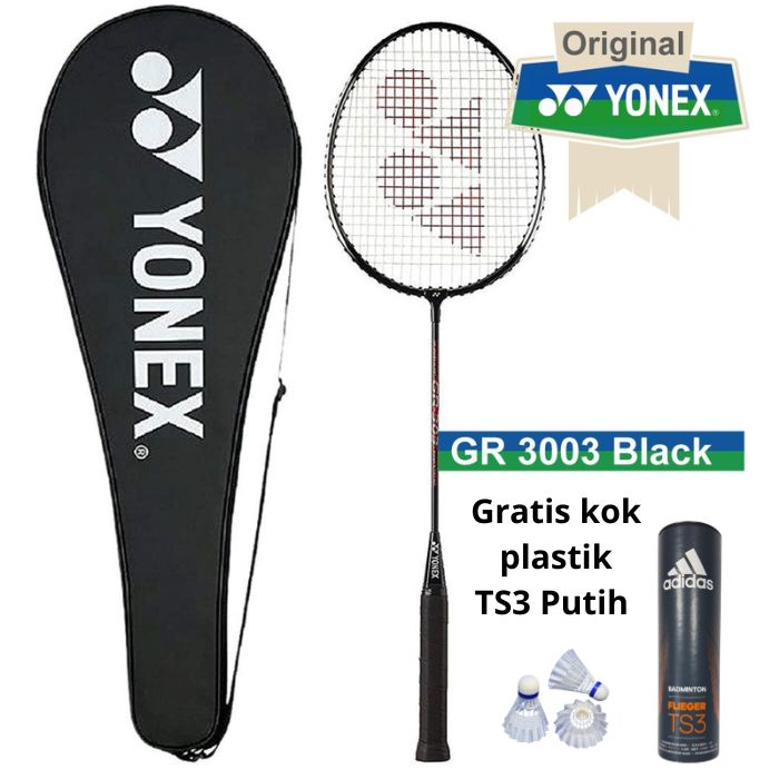 YONEX Paket Lengkap Pemula Raket Badminton Yonex GR303 Hitam dan Shuttlecock Adidas TS3 Nylon Isi 6