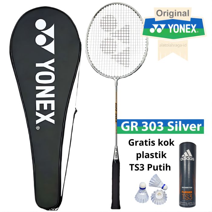 YONEX Paket Lengkap Pemula Raket Badminton Yonex GR303 Silver dan Shuttlecock Adidas TS3 Nylon Isi 6