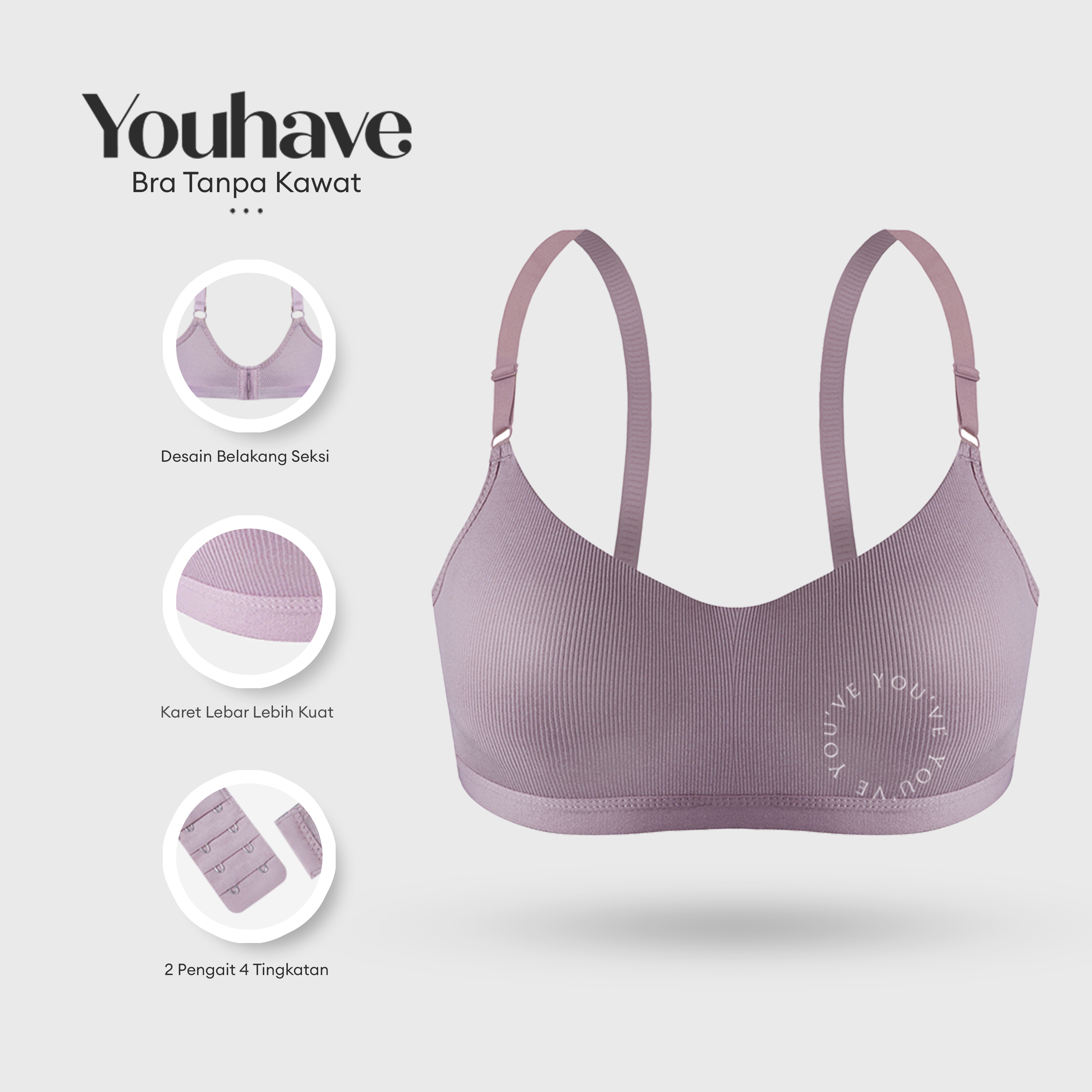 YOUHAVE BH Bra Wanita Katun Cup B Tanpa Kawat Busa Sedang Wireless Kait 2 Beha Nyaman Breathable Kut