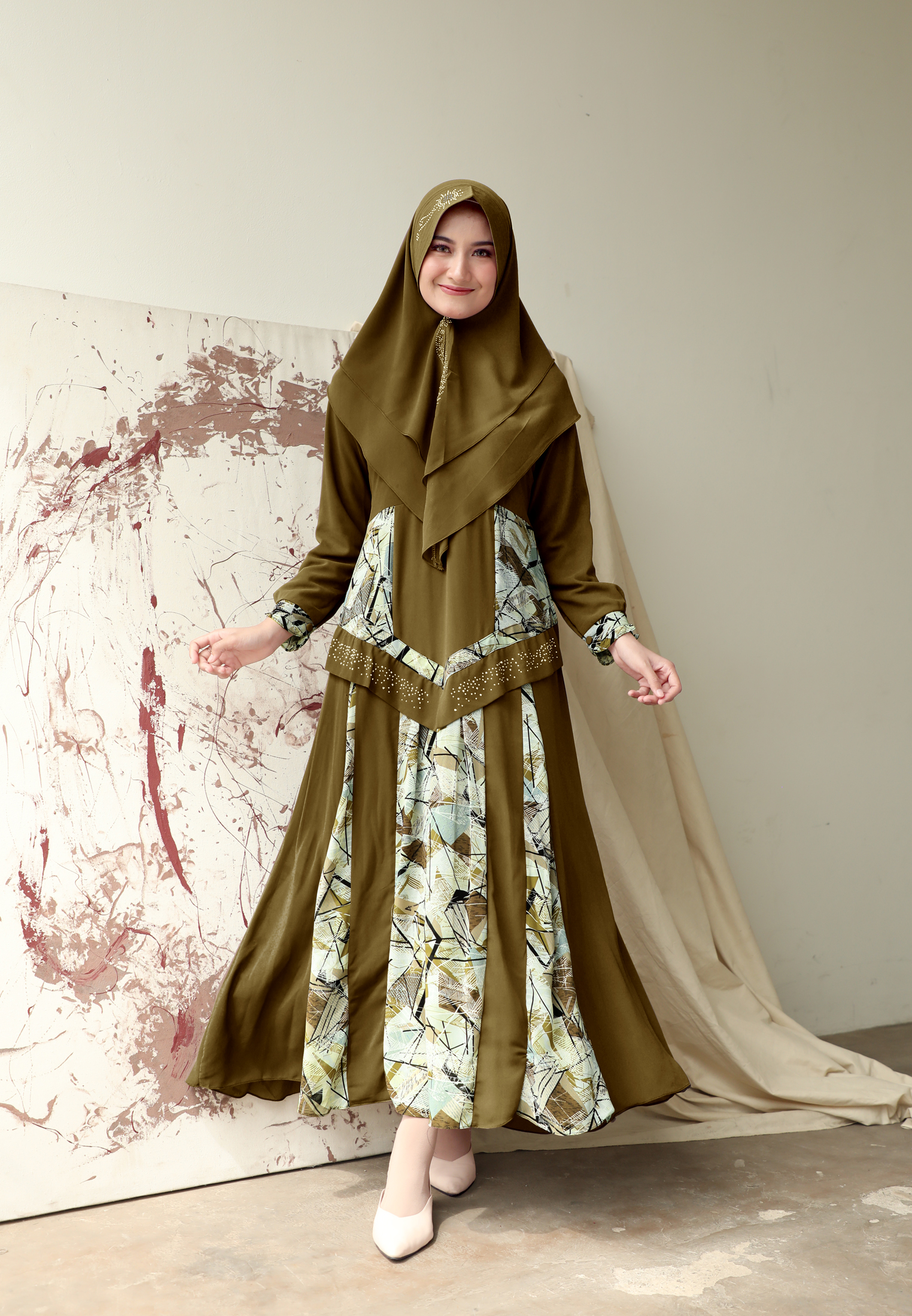 Zelena - Kiyora Dress Gamis Motif | Set Gamis Long Dress Motif Geometris - Seaweed
