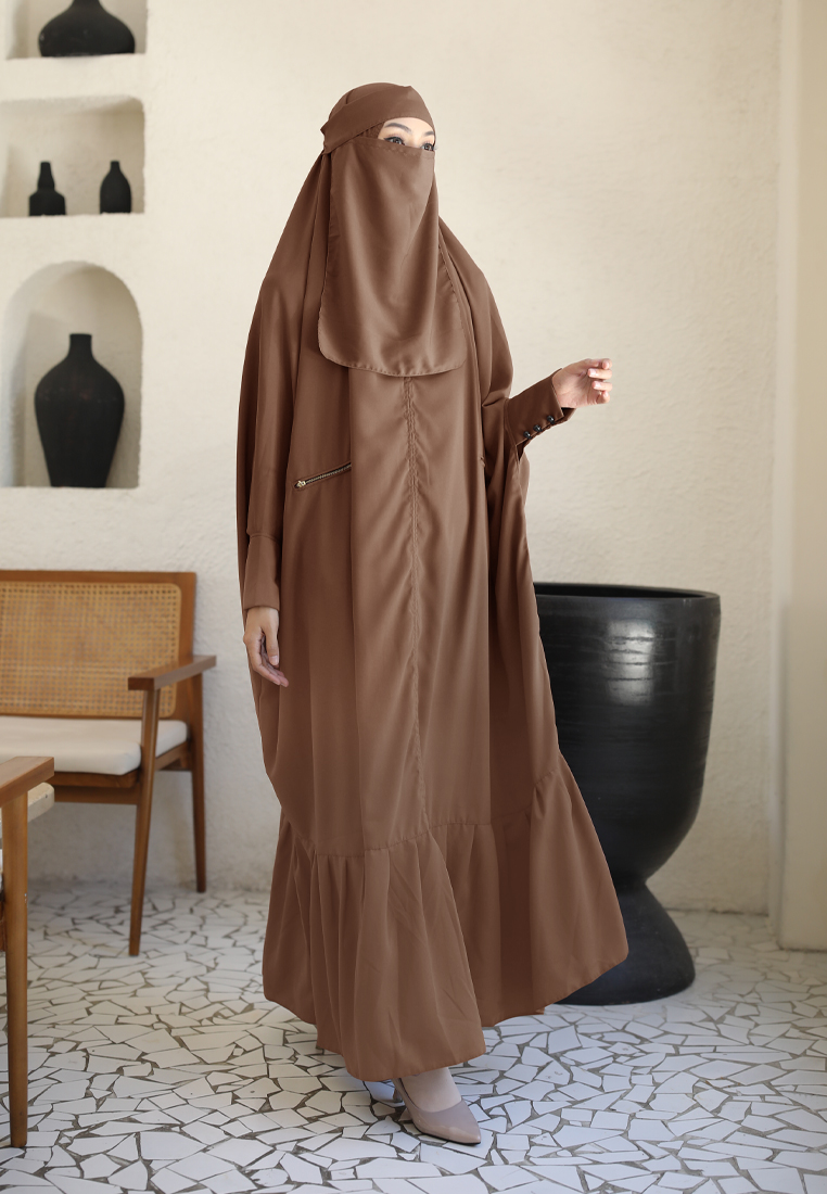 Zelena - Haleema Abaya Ruffle Set | Set Gamis Abaya Khimar Umrah Hajj - Dark Brown