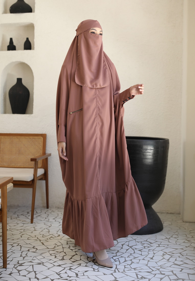 Zelena - Haleema Abaya Ruffle Set | Set Gamis Abaya Khimar Umrah Hajj - Rose Brown