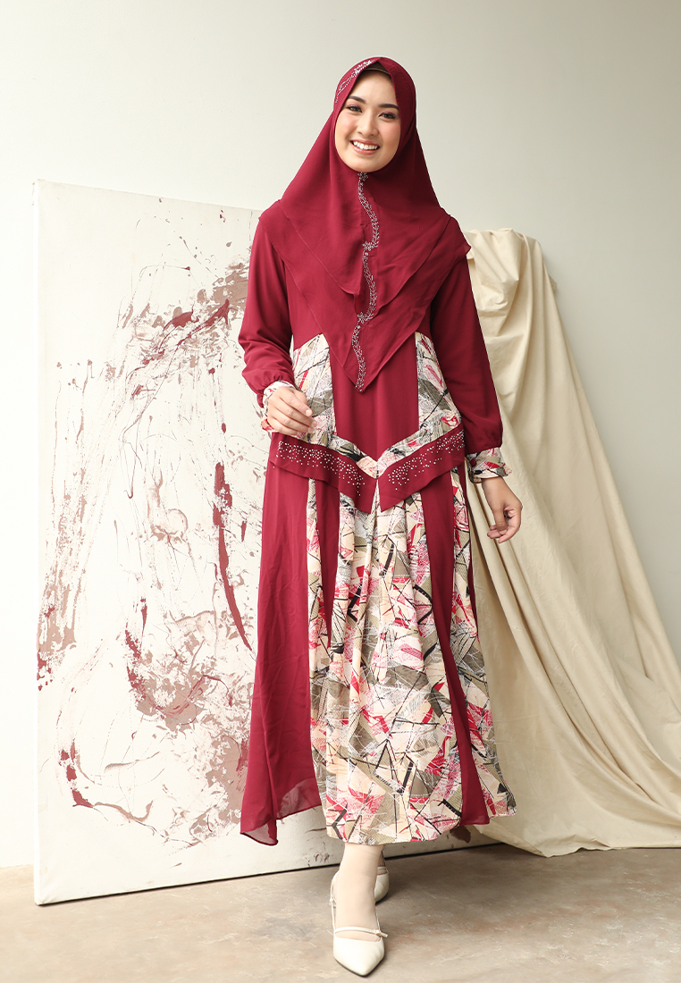 Zelena - Kiyora Dress Gamis Motif | Set Gamis Long Dress Motif Geometris - Cherry Red