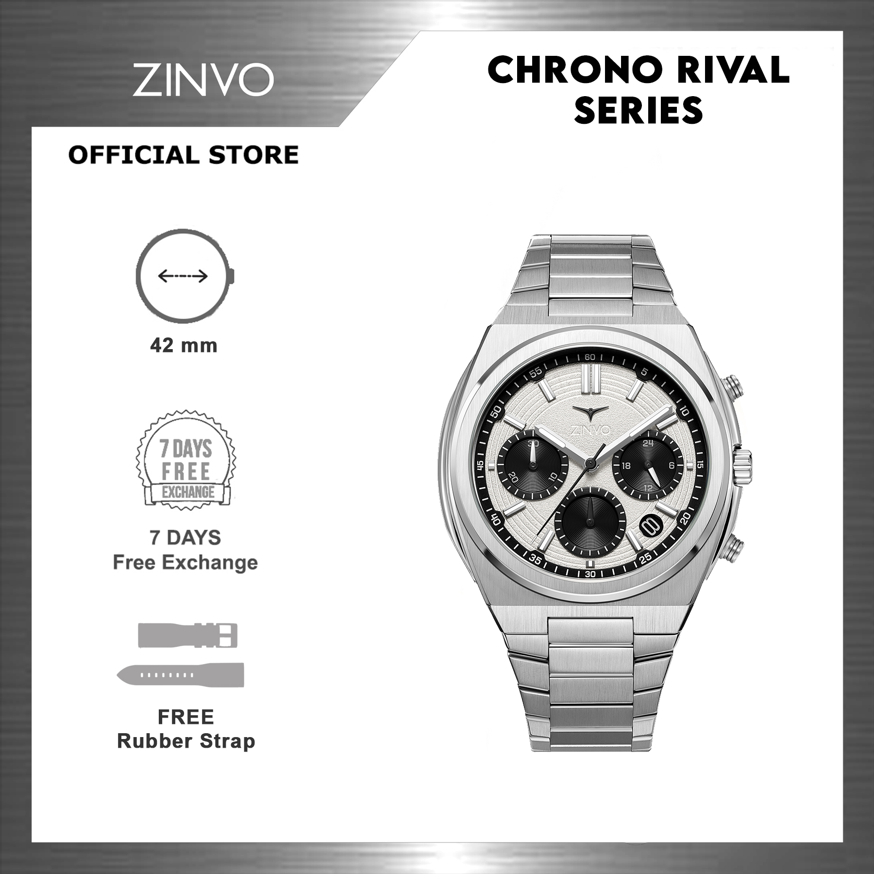 ZINVO Jam Tangan Pria Chronograph Zinvo Chrono Rival Panda White Dial Stainless