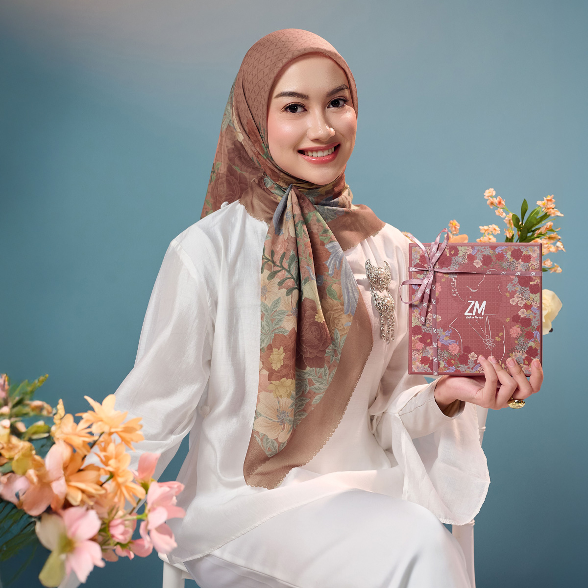 ZM [INCLUDE HARD BOX] ZM Zaskia Mecca - Scarf Bunga Pertiwi Edisi R.A Kartini Ash Brown | Material V