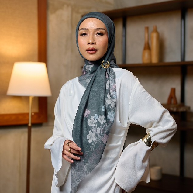 ZM [INCLUDE HARD BOX] ZM Zaskia Mecca - Scarf Kamboja Emerald | Hijab Premium Square Motif Kerudung 